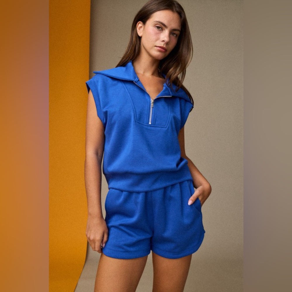 NWT PaperMoon Blue Sleeveless Zip-Up Shorts Set| Sporty Chic Matching Lounge Set
